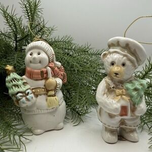 Vintage 1980s Hand Painted Ceramic Ornaments Snowman & Bear w/ Trees